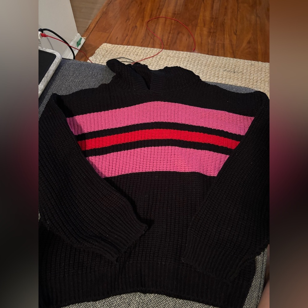 RD style Hooded Sweater, Black with pink and red stripes.